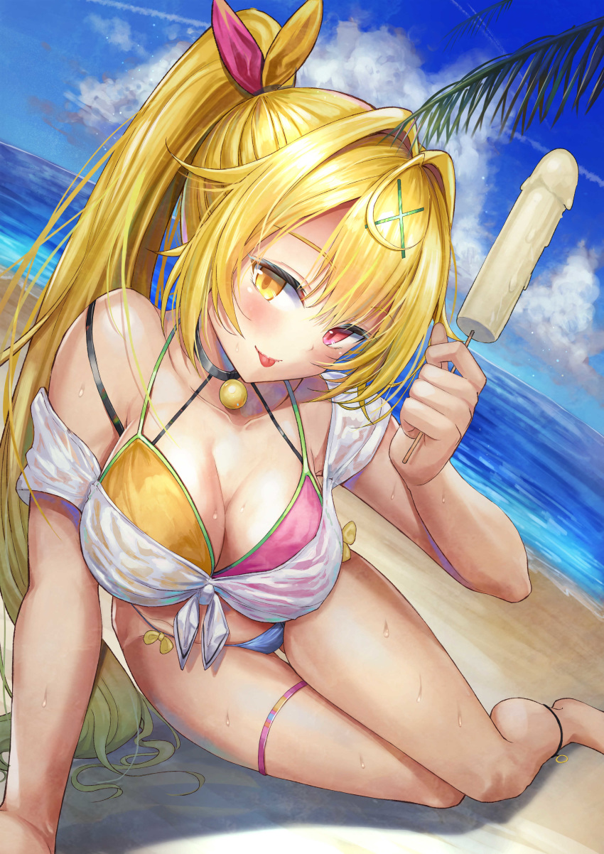 1girl :p absurdres bare_shoulders beach bikini blonde_hair blush breasts choker cleavage day food hair_ornament hair_ribbon heterochromia highres holding holding_food hoshikawa_sara large_breasts long_hair looking_at_viewer nijisanji outdoors phallic_symbol popsicle red_eyes ribbon sexually_suggestive shirt shuangyijiu side_ponytail smile solo swimsuit thigh_strap thighs tied_shirt tongue tongue_out virtual_youtuber wet x_hair_ornament yellow_eyes