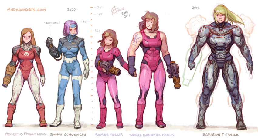 5girls arm_cannon arne_(android_arts) blonde_hair blue_bodysuit bodysuit breasts brown_hair commentary english_commentary hand_cannon height_chart holding_hands long_hair medium_breasts medium_hair metroid multicolored multicolored_bodysuit multicolored_clothes multiple_girls multiple_persona muscle muscular_female pink_bodysuit ponytail purple_hair red_bodysuit samus_aran science_fiction shoulder_tattoo sleeveless tattoo varia_suit weapon zero_suit