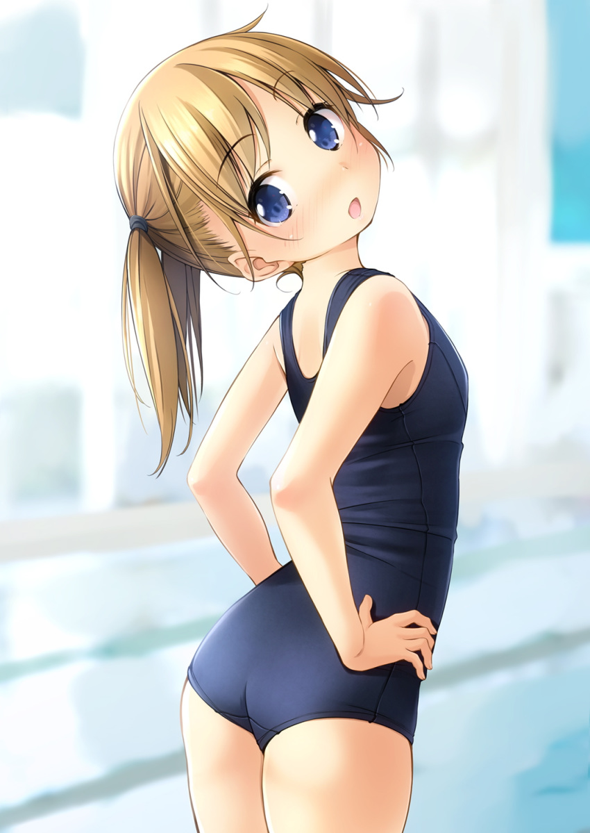 1girl ass blonde_hair blue_eyes blue_swimsuit blurry commentary_request depth_of_field flat_ass flat_chest from_behind hands_on_hips highres indoors looking_at_viewer open_mouth original pool school_swimsuit shibacha short_hair solo stretch swimsuit twintails