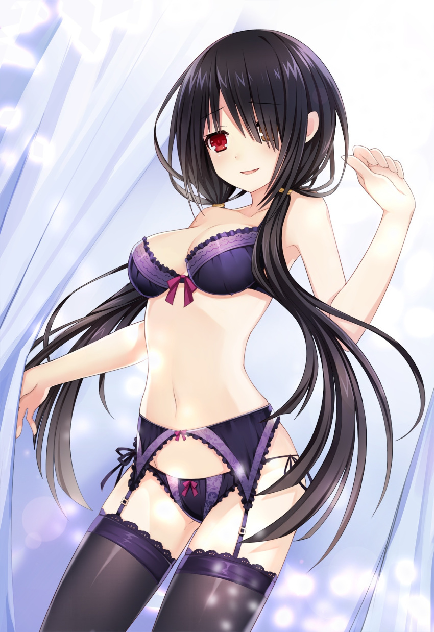 1girl artist_request black_hair bow bow_bra bow_panties bra breasts clock_eyes date_a_live garter_belt hair_over_one_eye highres lingerie long_hair low_twintails medium_breasts navel open_mouth panties purple_bra purple_panties red_eyes smile solo source_request standing stomach symbol-shaped_pupils thighhighs tokisaki_kurumi twintails underwear underwear_only very_long_hair yellow_eyes