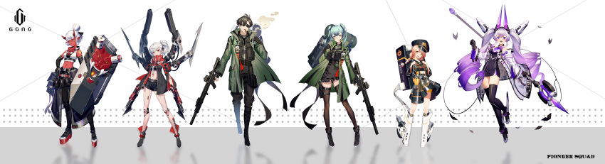 1boy 5girls :d absurdres ankle_boots aqua_hair arm_pouch assault_rifle backpack bag bandaid bare_shoulders bayonet belt_pouch black_gloves black_sclera blade blonde_hair boots braid brown_hair cable cigar commentary_request cross-laced_footwear cyborg demon_girl demon_horns dress drill_hair dual_wielding earpiece elbow_gloves explosive extra_arms eyebrows_visible_through_hair facial_mark facial_scar fingerless_gloves full_body fysc gloves gradient_hair green_eyes green_jacket grenade gun hand_on_hip handgun hat headgear high_collar high_heels highres holding holding_shield holding_staff holster holstered_weapon horns id_card jacket joints long_hair looking_at_viewer mask_around_neck mechanical_arm medium_hair midriff multicolored_hair multiple_girls navel off-shoulder_jacket off_shoulder open_mouth original pants partially_unzipped peaked_cap platform_footwear pointy_ears ponytail pouch power_symbol purple_eyes purple_hair red_eyes red_skin rifle robot_joints scar scar_on_cheek science_fiction shield shiny shiny_clothes short_hair short_shorts shorts shoulder_tattoo skirt smile smoke smoking snap-fit_buckle staff streaked_hair sunglasses tattoo thigh_boots thigh_holster thigh_pouch thighhighs translation_request trigger_discipline twin_braids twin_drills twintails two-tone_hair unzipped upper_teeth very_long_hair weapon wheel white_hair white_jacket yellow_eyes zipper zipper_pull_tab