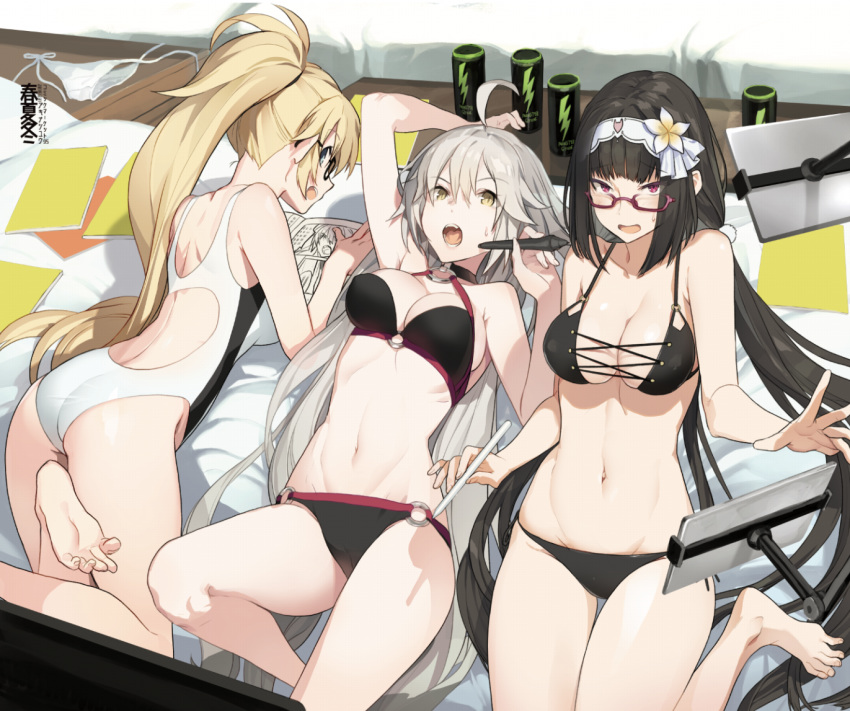 abs ahoge akinashi_yuu arm_up ass bangs barefoot bikini black_bikini black_hair blonde_hair blue_eyes blunt_bangs book breasts cameltoe choker cleavage commentary_request competition_swimsuit energy_drink eyebrows_visible_through_hair fate/grand_order fate_(series) feet flower glasses gray_hair hair_flower hair_ornament hairband headband jeanne_d'arc_(fate) jeanne_d'arc_alter jeanne_d'arc_(alter)_(fate) jeanne_d'arc_(alter_swimsuit_berserker) jeanne_d'arc_(fate) jeanne_d'arc_(fate)_(all) jeanne_d'arc_(swimsuit_archer) long_hair looking_at_viewer low_twintails lying medium_breasts multiple_girls navel o-ring o-ring_bikini o-ring_bottom o-ring_top on_back on_stomach one-piece_swimsuit open_mouth osakabe-hime_(fate/grand_order) osakabehime pink_eyes pom_pom_(clothes) ponytail profile red_eyes silver_hair smile soles stylus sweatdrop swimsuit toes twintails very_long_hair white_swimsuit yellow_eyes