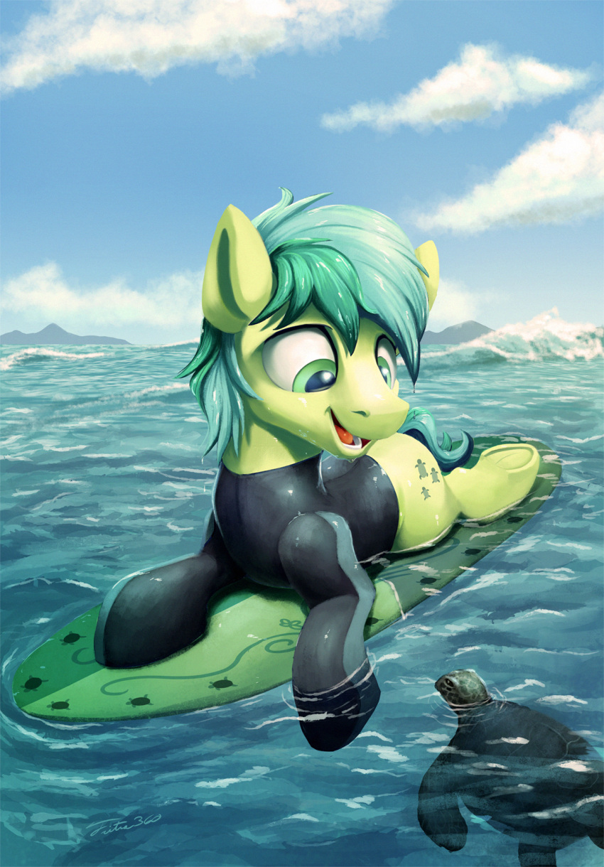 2018 cloud cutie_mark earth_pony equine feral friendship_is_magic hi_res hooves horse male mammal my_little_pony pony reptile sandbar_(mlp) scalie signature surfboard tsitra360 turtle underhoof water