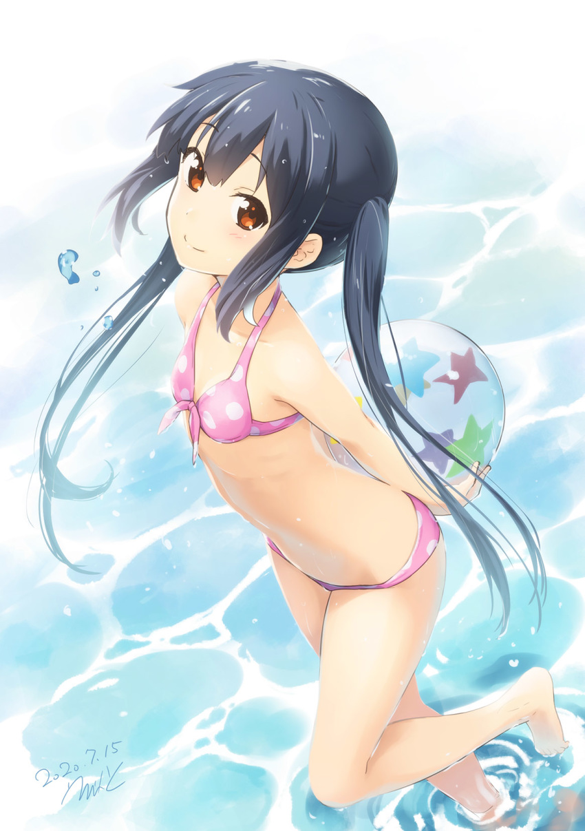 1girl ball bangs bikini black_hair breasts brown_eyes dated errant eyebrows_visible_through_hair highres k-on! long_hair looking_at_viewer nakano_azusa small_breasts smile solo swimsuit twintails water