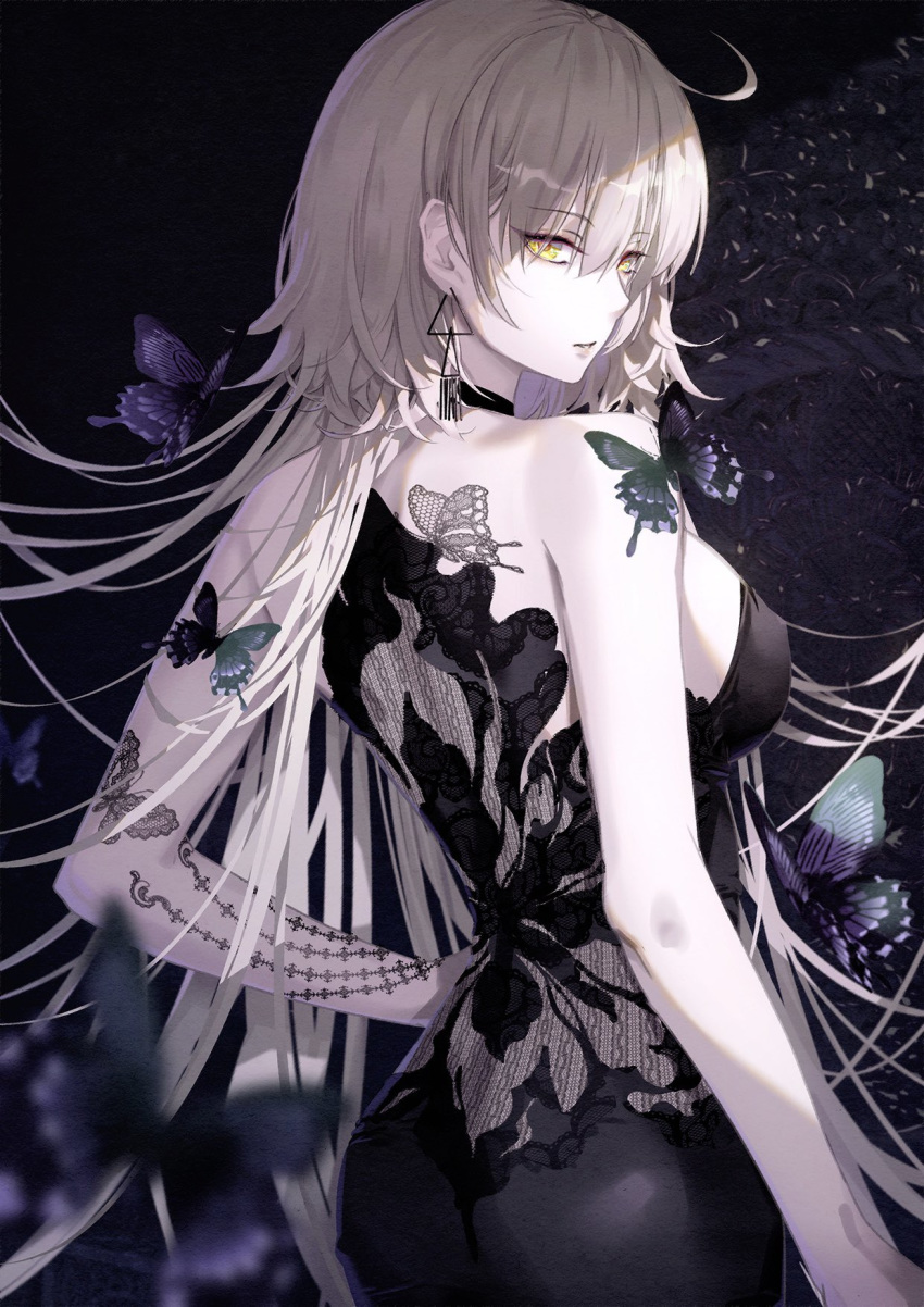 1girl back bare_shoulders breasts bug butterfly cleavage commentary_request dress earrings eyebrows_visible_through_hair eyes_visible_through_hair fate/grand_order fate_(series) grey_hair hair_between_eyes highres insect jeanne_d'arc_(alter)_(fate) jeanne_d'arc_(fate)_(all) jewelry long_hair looking_at_viewer medium_breasts sleeveless solo tsurukame upper_body yellow_eyes