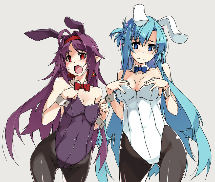 2girls animal_ears ass_visible_through_thighs asuna_(sao) asuna_(sao-alo) bangs black_legwear black_leotard blue_eyes blue_hair blush bow bowtie breasts bunny_ears bunnysuit covered_navel cowboy_shot detached_collar fake_animal_ears fang flat_chest grey_background hairband hands_on_own_chest leotard long_hair looking_at_viewer looking_to_the_side medium_breasts multiple_girls open_mouth pantyhose pointy_ears purple_hair purple_leotard red_eyes red_hairband red_neckwear shikei simple_background skin_fang strapless strapless_leotard sword_art_online wrist_cuffs yuuki_(sao)