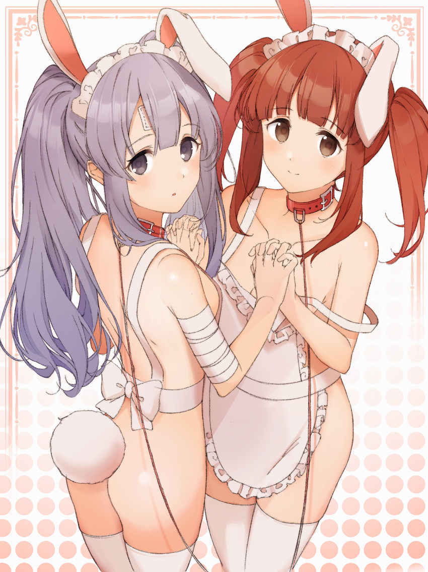 2girls animal_ears apron ass bandaged_arm bandages bandaid bandaid_on_forehead bare_shoulders breasts brown_eyes brown_hair bunny_ears bunny_tail closed_mouth collar collarbone commentary_request eyebrows_visible_through_hair gradient gradient_background grey_eyes grey_hair heart heart-shaped_pupils highres holding_hands idolmaster idolmaster_cinderella_girls idolmaster_shiny_colors interlocked_fingers kiwi0314 leash long_hair looking_at_viewer looking_back maid_headdress medium_breasts multiple_girls naked_apron off_shoulder ogata_chieri polka_dot polka_dot_background red_collar short_hair smile symbol-shaped_pupils tail thighhighs twintails white_apron white_background white_legwear yuukoku_kiriko