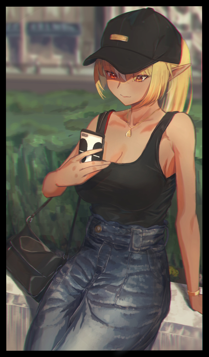 1girl absurdres bag black_headwear black_tank_top blonde_hair bracelet breasts casual cellphone cleavage dark_skin denim elf handbag high_ponytail highres hololive jewelry large_breasts long_hair looking_at_phone necklace phone pointy_ears red_eyes rocoroco1115 shiranui_flare sitting smile solo tank_top virtual_youtuber
