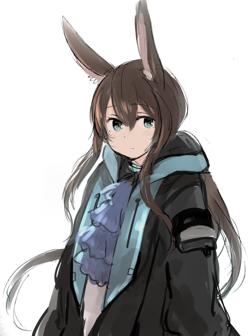 1girl absurdres amiya_(arknights) animal_ear_fluff animal_ears arknights black_coat blue_eyes blue_neckwear brown_hair bunny_ears closed_mouth coat commentary cravat eyebrows_visible_through_hair hair_between_eyes highres inazakura00 long_hair long_sleeves looking_at_viewer open_clothes open_coat ponytail sketch solo upper_body very_long_hair