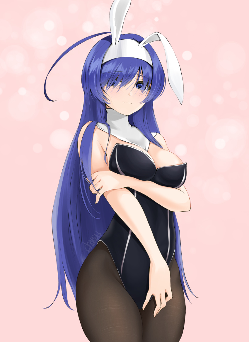 1girl adapted_costume ahoge animal_ears arm_under_breasts black_legwear blue_eyes blue_hair blush breast_lift breasts bubble_background bunny_ears bunnysuit chaesu cleavage detached_collar embarrassed eyebrows_visible_through_hair fake_animal_ears fine_fabric_emphasis hair_over_eyes hairband highres holding_arm holding_own_arm huge_ahoge leotard looking_at_viewer medium_breasts orie_(under_night_in-birth) pantyhose pink_background solo strapless strapless_leotard thighs under_night_in-birth white_hairband