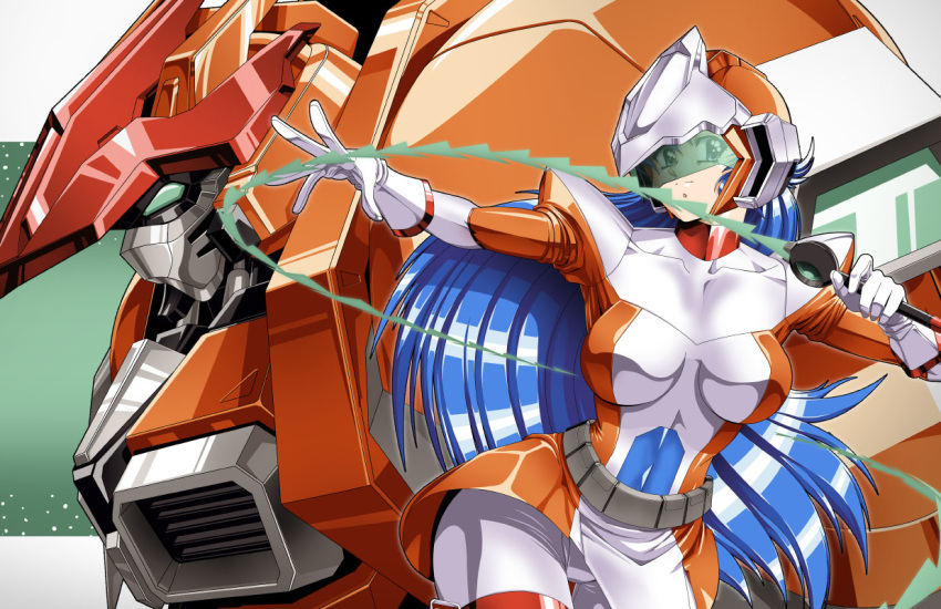 1990s_(style) 1girl armor belt belt_pouch blue_hair bodysuit breasts collarbone dennis_pulido energy_sword flame_(panzer_paladin) gloves helmet holding holding_weapon impossible_bodysuit impossible_clothes large_breasts long_hair looking_at_viewer mecha multicolored multicolored_bodysuit multicolored_clothes orange_bodysuit outstretched_arm paladin_(panzer_paladin) panzer_paladin pouch shoulder_armor skindentation skirt sword thigh_gap visor weapon whip_sword white_bodysuit white_gloves