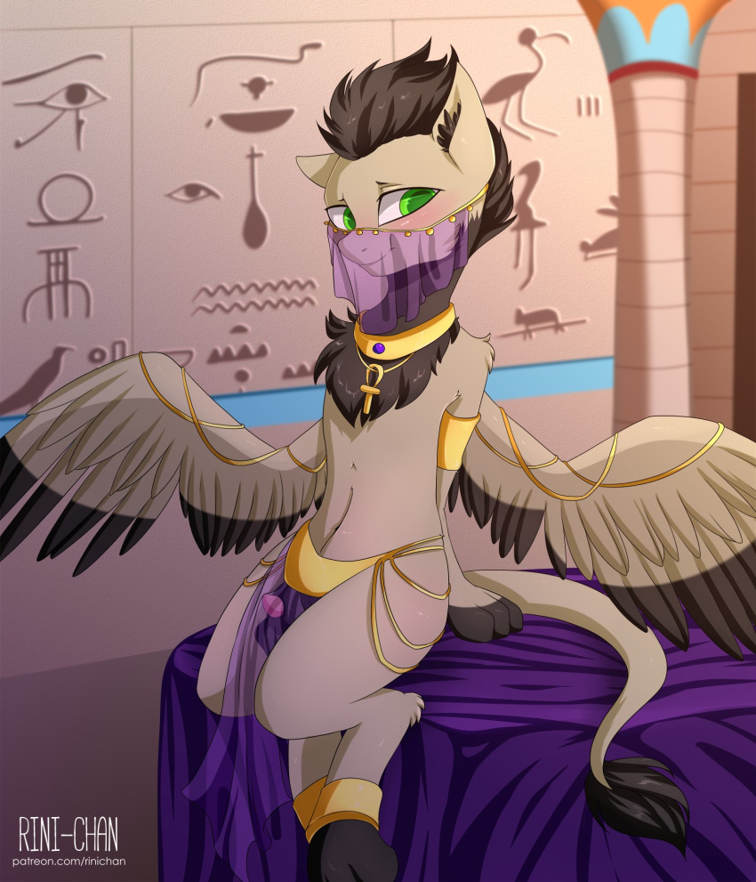 animal_genitalia ankh ankh_necklace anthro balls bed brown_mane chest_tuft collar equid equine fan_character feathered_wings feathers fur furniture genitals half-erect hasbro hi_res hieroglyphics inner_ear_fluff inside jewelry looking_at_viewer male mammal mane my_little_pony necklace on_bed pegasus penis penis_tip rini-chan sheath sitting sitting_on_bed solo tail_tuft tan_body tan_fur text tuft url veil wings