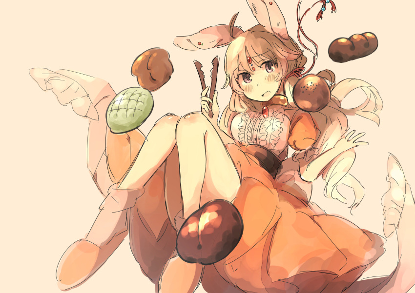 1girl absurdres ahoge animal_ears blush bread brooch bunny_ears diadem dress food grey_background highres holding inazakura00 jewelry long_dress long_hair looking_at_viewer melon_bread open_mouth orange_dress original parted_lips puffy_short_sleeves puffy_sleeves purple_eyes sash short_sleeves simple_background solo