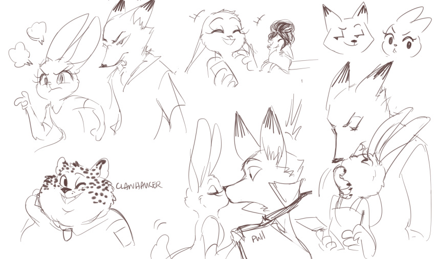 2016 anthro anthro_on_anthro benjamin_clawhauser canid canine cheetah clothed clothing disney eulipotyphlan eyes_closed felid feline fox fru_fru fur hi_res judy_hopps kissing lagomorph leporid mammal monochrome nick_wilde open_mouth open_smile rabbit red_fox shrew simple_background sketch_page smile spots spotted_body spotted_fur toifshi white_background zootopia