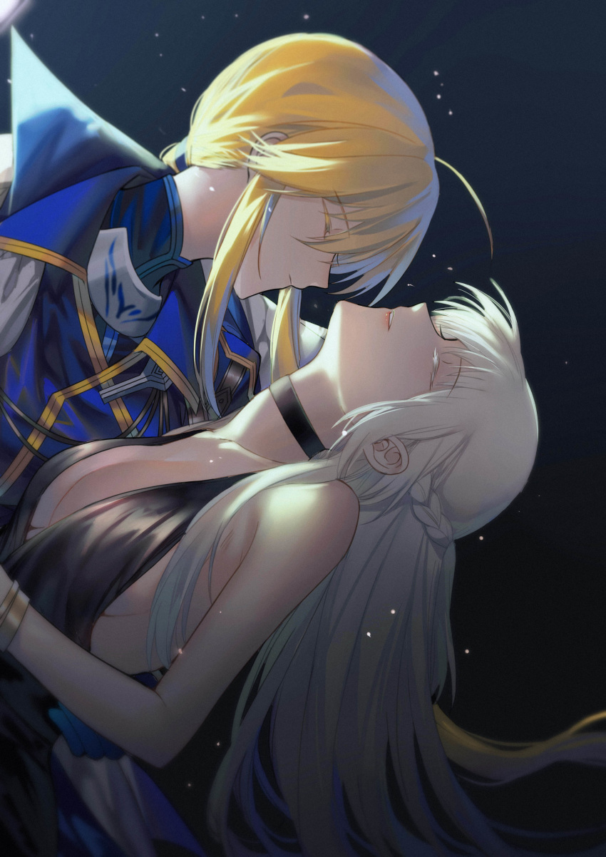 2girls absurdres ahoge artoria_pendragon_(all) artoria_pendragon_(lancer) backless_dress backless_outfit black_background blonde_hair blue_earrings braid breasts choker cleavage closed_eyes colored_eyelashes dress fate/grand_order fate_(series) hair_between_eyes highres incest morgan_le_fay_(fate) multiple_girls platinum_blonde_hair siblings sideboob sisters strapless strapless_dress yorukun yuri