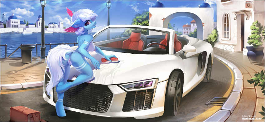 angela_de_medici anthro anus audi audi_r8 bag blue_body blue_fur butt car car_wash detailed_background equid equine feathered_ears female fur genitals hasbro hi_res horse landscape lispp looking_at_viewer looking_back mammal mane markings my_little_pony outside pony presenting presenting_pussy pussy ramiras rear_view sharedast smile solo unguligrade_anthro vehicle white_mane white_tail