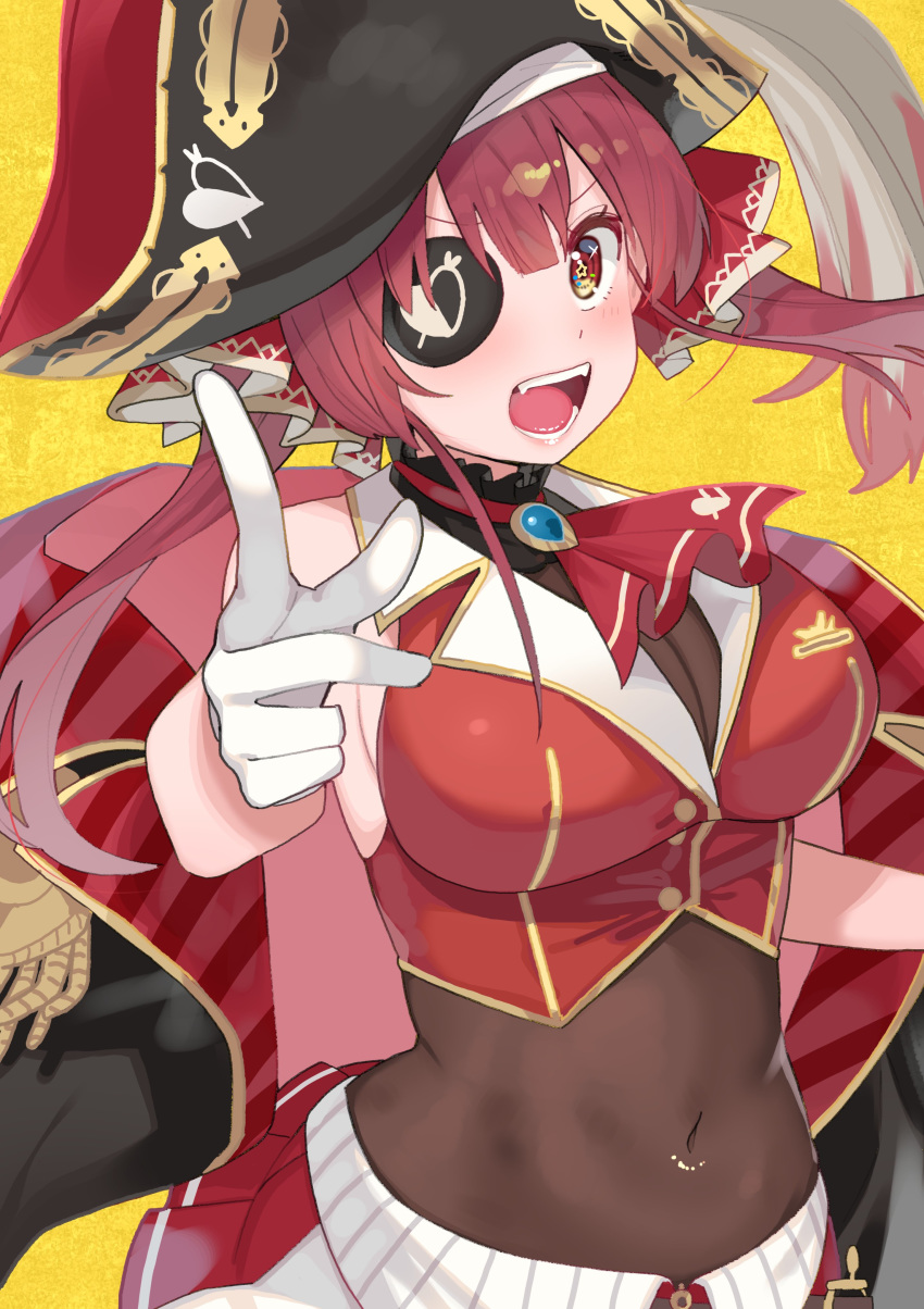 1girl absurdres arrow_through_heart ascot bicorne black_coat bodystocking breasts cleavage coat covered_navel eyepatch gloves hair_ribbon hat highres hololive houshou_marine large_breasts long_hair open_clothes open_coat open_mouth pirate pirate_hat red_eyes red_hair red_neckwear red_ribbon red_shirt ribbon shirt sleeveless sleeveless_shirt smile solo tonari_no_kai_keruberosu twintails upper_body virtual_youtuber white_gloves