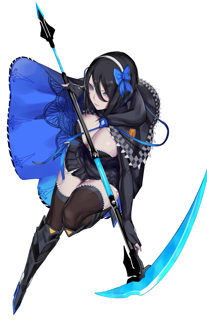 1girl absurdres bangs black_dress black_hair black_legwear blue_bow blue_eyes boots bow breasts capelet checkered cleavage closed_mouth commentary_request dress fingerless_gloves full_body gloves hairband highres holding holding_weapon kumiko_shiba leg_up lips long_sleeves looking_away medium_breasts pale_skin phantasy_star phantasy_star_online_2 scythe shiny shiny_hair shiny_skin short_dress short_hair simple_background solo thighhighs weapon white_background zettai_ryouiki