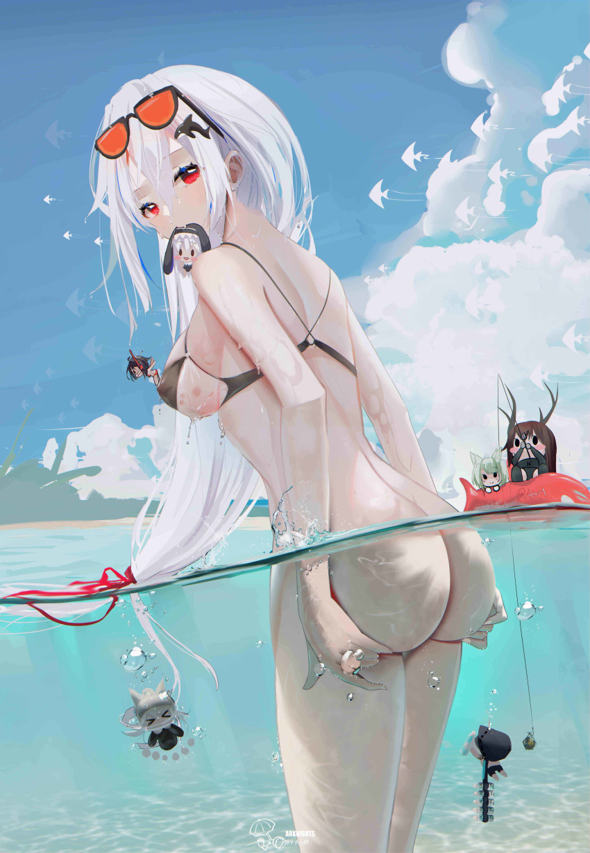 absurdres arknights ass ass_support bangs bare_shoulders bikini blue_sky bottomless breasts cloud day doctor_(arknights) eyewear_on_head grani_(arknights) hair_between_eyes hair_ornament highres kal'tsit_(arknights) large_breasts long_hair looking_at_viewer omone_hokoma_agm outdoors red_eyes silver_hair skadi_(arknights) sky specter_(arknights) sunglasses swimsuit tinted_eyewear very_long_hair wading wet whale_hair_ornament