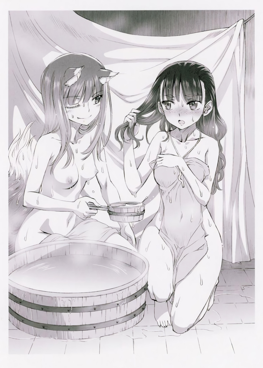 2girls ;) animal_ears bangs black_hair breasts closed_mouth collarbone covered_navel elsa_schtingheim eyebrows_visible_through_hair greyscale groin highres holding holo indoors koume_keito long_hair monochrome multiple_girls nipples nude one_eye_closed one_knee small_breasts smile spice_and_wolf tail wolf_ears wolf_tail