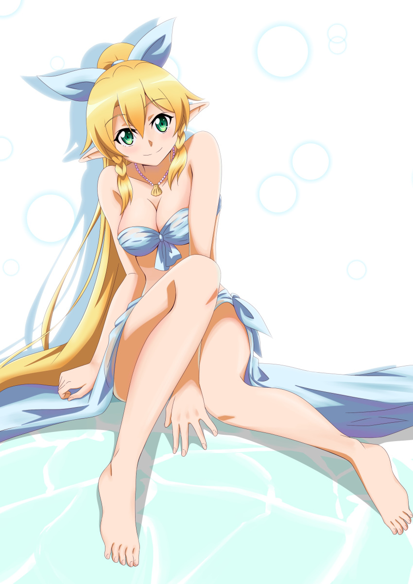 1girl absurdres bangs barefoot between_legs bikini blonde_hair blue_bikini blue_bow bow braid breasts cleavage closed_mouth collarbone eyebrows_visible_through_hair green_eyes hair_between_eyes hair_bow hand_between_legs high_ponytail highres jewelry ken-ji leafa long_hair looking_at_viewer medium_breasts necklace pointy_ears sarong shadow shell_necklace shiny shiny_hair simple_background sitting smile solo strapless strapless_bikini swimsuit sword_art_online twin_braids very_long_hair white_background