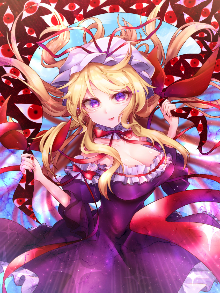 1girl artist_request aura bangs blonde_hair blue_sky blurry breasts choker cleavage closed_mouth cloud collarbone commentary_request dark_aura darkness day depth_of_field dress dress_lift emphasis_lines energy eyebrows_visible_through_hair eyelashes eyes fingernails floating_hair frilled_choker frills gap_(touhou) gradient_ribbon hair_between_eyes hair_ribbon hands_up hat hat_ribbon highres holding jpeg_artifacts large_breasts light_particles long_hair looking_at_viewer mob_cap off-shoulder_dress off_shoulder petticoat pink_lips pink_nails puffy_short_sleeves puffy_sleeves purple_dress purple_eyes red_eyes red_ribbon reflective_eyes ribbon ribbon_choker shiny shiny_hair shiny_skin short_sleeves sky smile solo sparkle touhou tress_ribbon very_long_hair yakumo_yukari