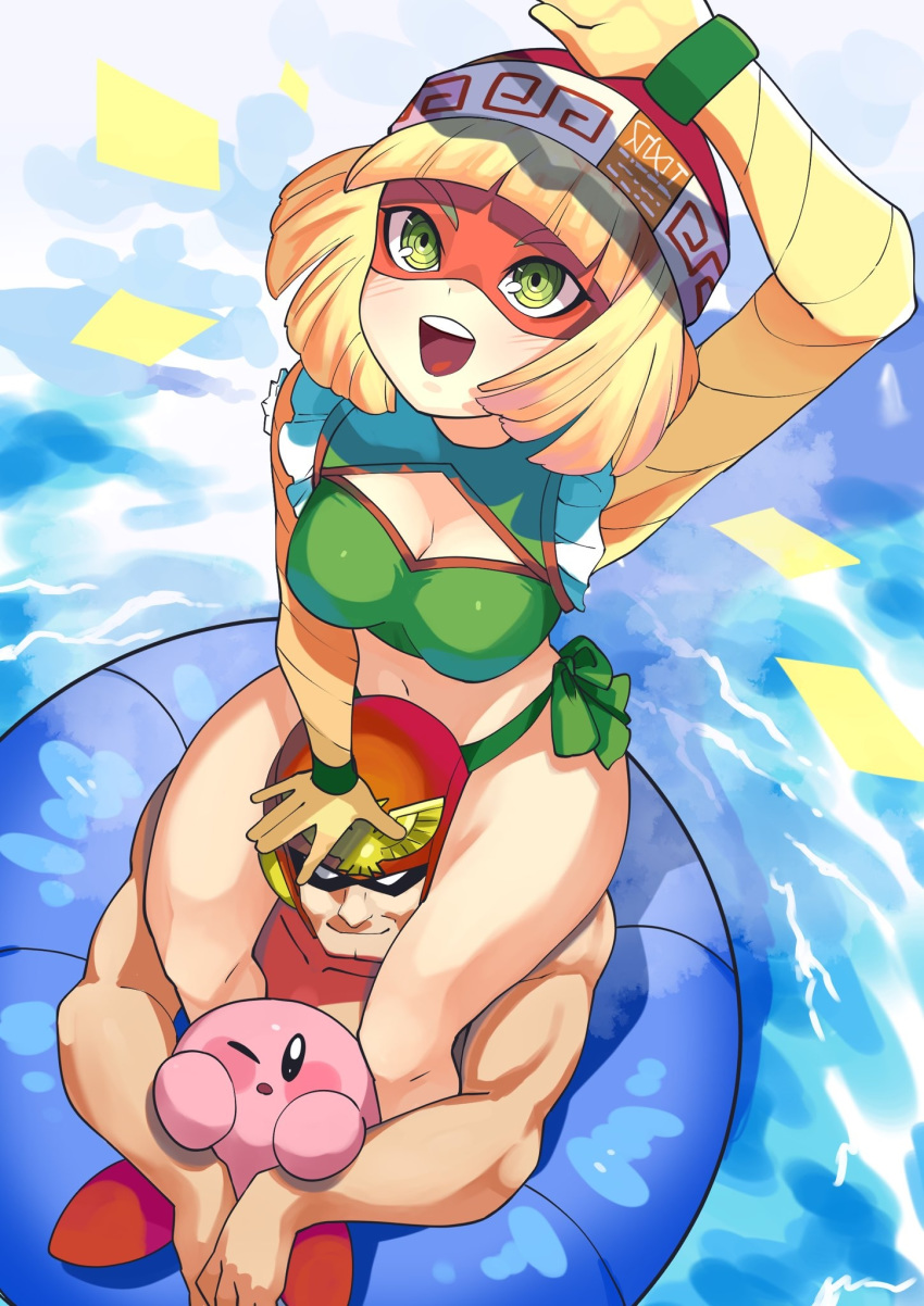 1boy 1girl arm_up arms_(game) bangs beanie blonde_hair blush_stickers breasts captain_falcon cleavage closed_mouth commentary_request domino_mask f-zero green_eyes hat helmet highres innertube katwo_1 kirby kirby_(series) mask min_min_(arms) navel open_mouth red_headwear sitting smile super_smash_bros. swimsuit teeth tongue upper_teeth water