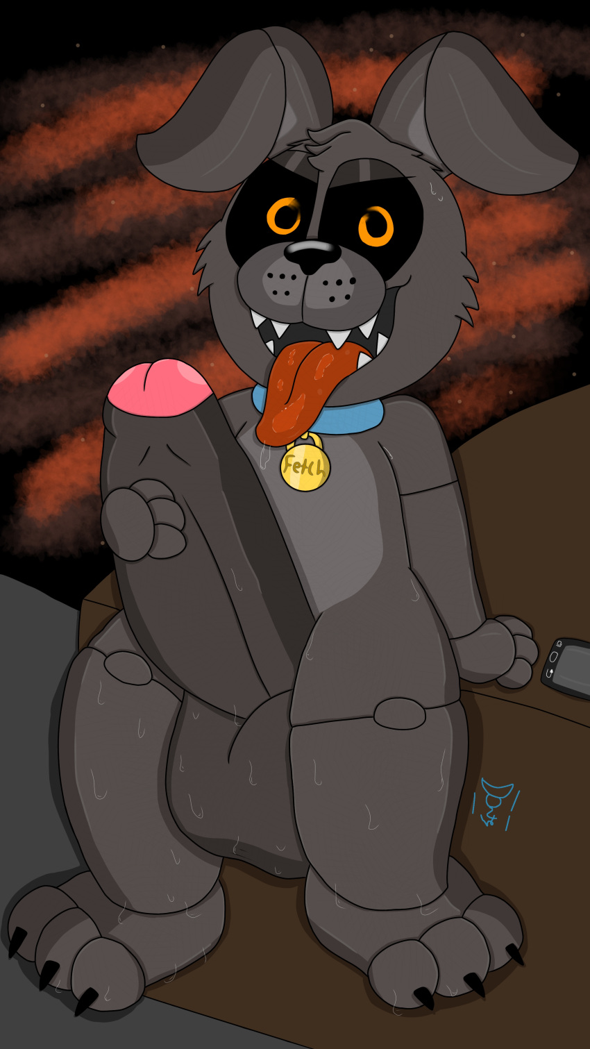 9:16 absurd_res animatronic anthro balls big_balls big_penis bodily_fluids canid canine canis cellphone claws collar domestic_dog drooling fetch_(fnaf) five_nights_at_freddy's fur genitals grey_body grey_fur hi_res machine male mammal orange_eyes penis penis_grab phone plushtrapboyuwu robot saliva sharp_teeth sitting solo sweat sweaty_balls sweaty_feet sweaty_penis teeth tongue tongue_out video_games