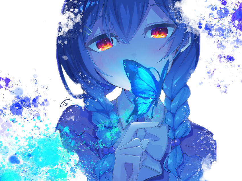 1girl bangs blue_butterfly blue_hair blue_theme blush bow braid hair_between_eyes hair_bobbles hair_ornament hairclip idolmaster idolmaster_shiny_colors index_finger_raised long_hair looking_at_viewer morino_rinze paint_splatter red_eyes signature simple_background solo sorano_eika twin_braids white_background white_bow white_neckwear