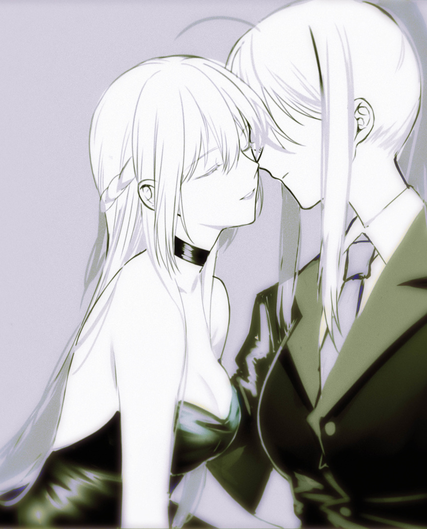 absurdres artoria_pendragon_(all) artoria_pendragon_(lancer) backless_dress backless_outfit breasts choker closed_eyes dress faceless faceless_female fate/grand_order fate_(series) formal grey_background greyscale hair_between_eyes hair_over_eyes highres imminent_kiss long_hair medium_breasts monochrome morgan_le_fay_(fate) necktie sketch strapless strapless_dress suit yorukun