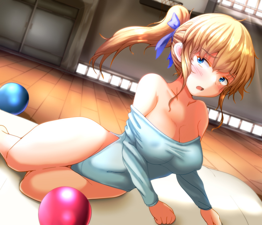 1girl bare_legs bare_shoulders blonde_hair blue_eyes blue_leotard blush breasts cleavage covered_navel covered_nipples gym highres indoors large_breasts leotard long_hair looking_at_viewer lying open_mouth original ponytail solo thighs wide_hips wooden_floor yoriyuki_chiyo