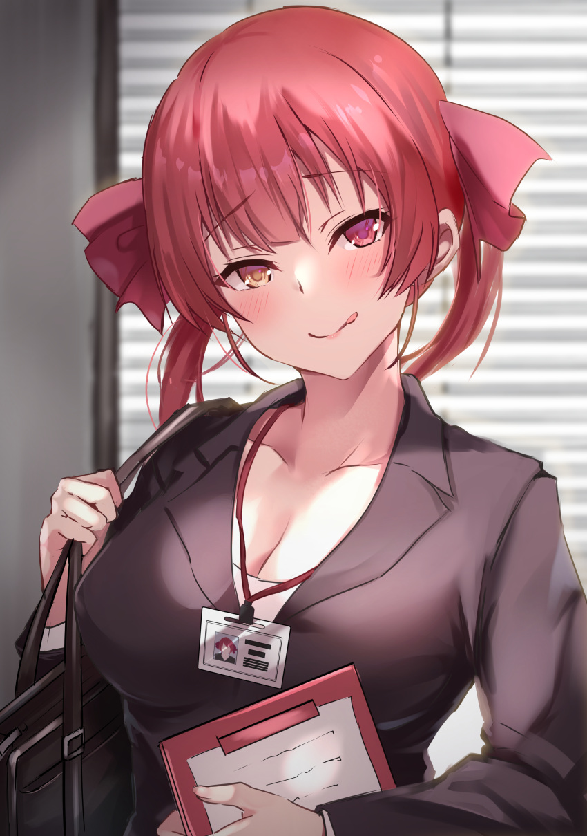 1girl absurdres akazawa_kureha alternate_costume bag blush breasts cleavage clipboard handbag heterochromia highres holding holding_bag holding_clipboard hololive houshou_marine id_card large_breasts looking_at_viewer office_lady raised_eyebrows red_eyes red_hair solo tongue tongue_out twintails upper_body virtual_youtuber yellow_eyes