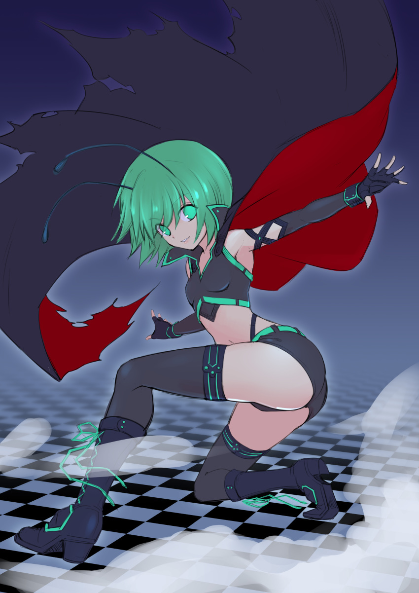 1girl absurdres alternate_costume antennae ass bangs bare_shoulders black_cape black_gloves black_legwear black_shirt boots breasts cape checkered checkered_floor dust_cloud elbow_gloves eyebrows_visible_through_hair eyes_visible_through_hair fingerless_gloves full_body gloves green_eyes green_hair high_heel_boots high_heels highres hijikawa_arashi knee_boots light_smile looking_at_viewer midriff one_knee outstretched_arms parted_lips pose red_cape shirt short_hair short_shorts shorts sketch small_breasts solo thighhighs touhou two-sided_cape two-sided_fabric wriggle_nightbug
