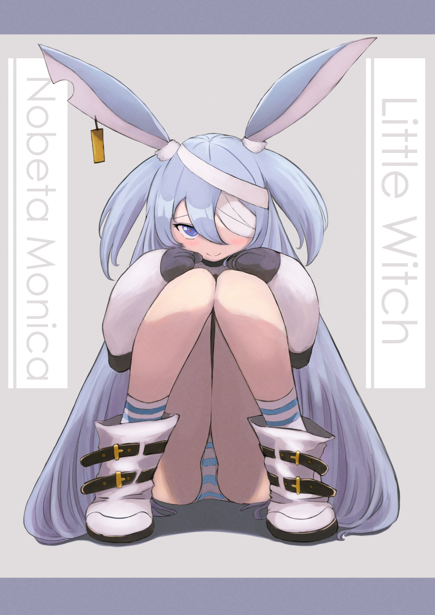 1girl absurdres animal_ears bandage_over_one_eye bandages blue_eyes boots bunny_ears character_name convenient_censoring copyright_name ear_tag elbow_gloves gloves grey_background hands_on_own_knees highres knees_up legs little_witch_nobeta long_hair mamasaro monica_(little_witch_nobeta) panties silver_hair simple_background smile socks solo squatting striped striped_footwear striped_panties thighs two_side_up underwear very_long_hair white_footwear white_gloves