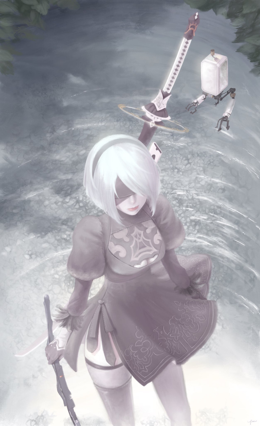 12yun30 1girl black_blindfold black_footwear black_gloves black_hairband black_legwear blindfold breasts cleavage cleavage_cutout closed_mouth feather_trim floating floating_weapon gloves hairband highres holding holding_sword holding_weapon mole mole_under_mouth nier_(series) nier_automata outdoors pod_(nier_automata) red_lips reflection ripples robot see-through short_hair standing sword thighhighs tree water weapon white_hair yorha_no._2_type_b