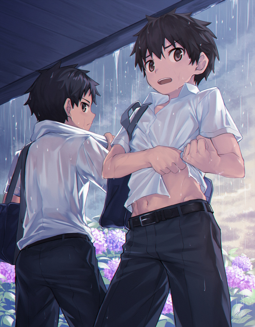 2boys bag bangs belt black_belt black_pants clenched_hand collared_shirt commentary_request eyebrows_visible_through_hair highres lifted_by_self looking_back male_focus multiple_boys navel open_mouth original pants r-744 rain see-through shirt shirt_lift short_sleeves teeth tongue water wet wet_clothes wet_hair wet_shirt white_shirt wringing_clothes