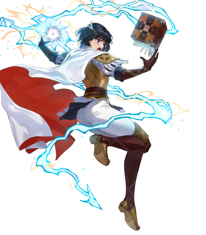 1girl alternate_costume armor ass bangs belt black_eyes black_hair book boots cape ekao elbow_gloves feather_trim fire_emblem fire_emblem:_thracia_776 fire_emblem_heroes floating floating_object full_body gloves hair_ornament highres leg_up lightning_bolt lips official_art olwen_(fire_emblem) open_book open_mouth pants puffy_sleeves red_lips shiny shiny_hair short_hair shoulder_armor skin_tight solo striped thigh_boots thigh_gap thighhighs transparent_background vertical_stripes white_pants