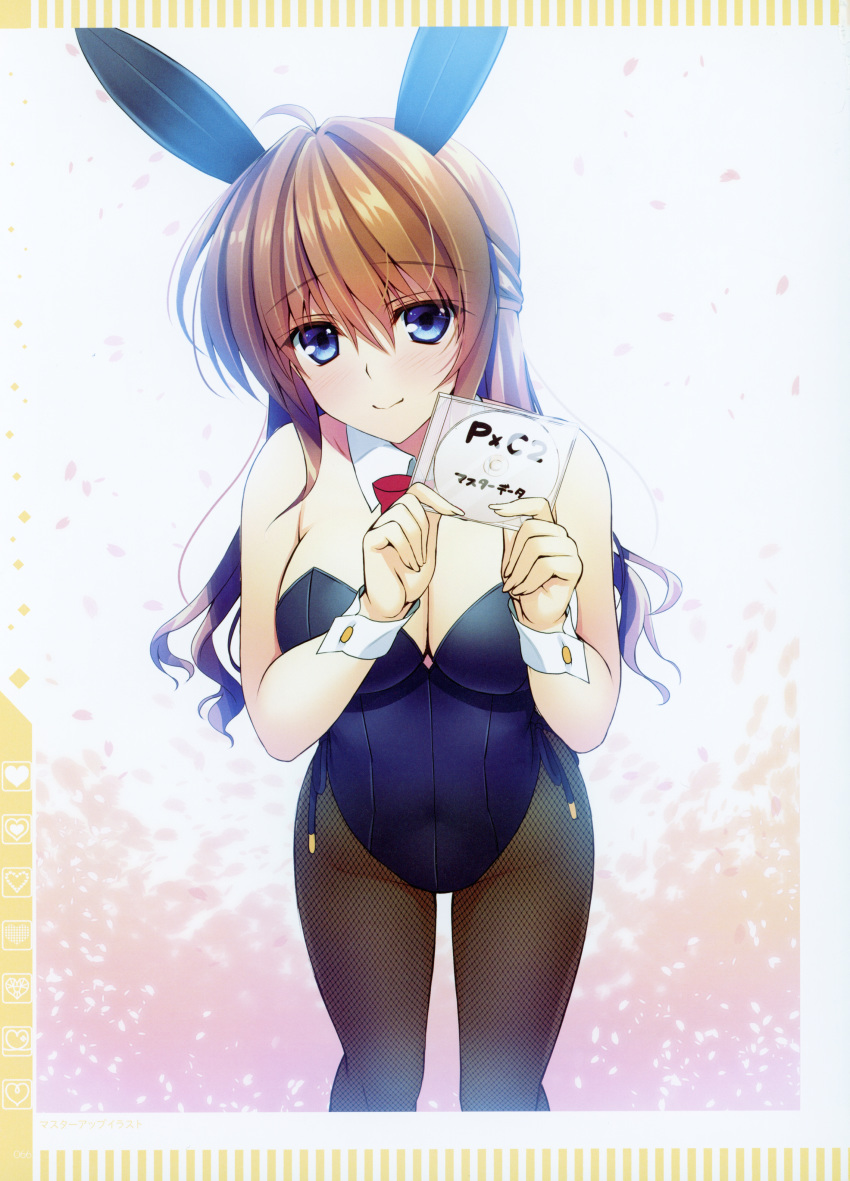 1girl absurdres animal_ears asami_asami bangs bare_shoulders black_leotard blue_eyes blush breasts brown_hair bunny_ears bunnysuit cd_case cleavage closed_mouth eyebrows_visible_through_hair fake_animal_ears fingernails fishnet_legwear fishnets gradient gradient_background hayase_chitose_(pretty_x_cation) highres holding leotard long_hair looking_at_viewer official_art pantyhose petals pretty_x_cation_2 scan shiny shiny_hair shiny_skin simple_background smile solo strapless strapless_leotard wrist_cuffs