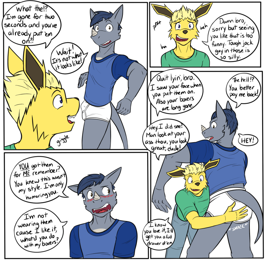 1:1 anthro anthrofied blush bottomwear briefs bulge clothed clothing comic dialogue duo eeveelution embarrassed english_text fully_clothed furgonomics fuze hi_res jolteon male male/male nintendo pants pok&eacute;mon pok&eacute;mon_(species) rhydon shirt simple_background spanking t-shirt text tighty_whities topwear underwear video_games white_background white_clothing white_underwear