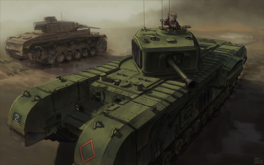 1girl blonde_hair caterpillar_tracks churchill_(tank) darjeeling_(girls_und_panzer) flag girls_und_panzer ground_vehicle highres military military_vehicle motor_vehicle panzerkampfwagen_iii st._gloriana's_military_uniform tank useless white_flag