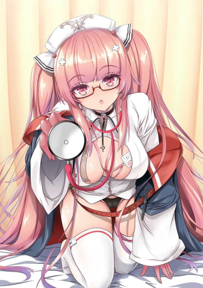 1girl :o absurdres all_fours azur_lane bangs black_panties blush breasts cameltoe center_opening cleavage dress eyebrows_visible_through_hair glasses gloves hair_ornament half_gloves hat head_tilt highres holding_stethoscope id_card large_breasts long_hair looking_at_viewer nurse nurse_cap panties perseus_(azur_lane) perseus_(nursery_service_time)_(azur_lane) pink_eyes pink_gloves pink_hair raranokusu solo stethoscope thighhighs twintails underwear very_long_hair white_headwear white_legwear