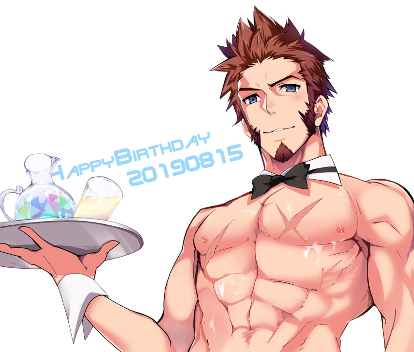 1boy 2019 abs blue_eyes bow bowtie brown_hair chest detached_collar facial_hair fate/grand_order fate_(series) goatee happy_birthday highres holding kivo_some_18 looking_at_viewer male_focus muscle napoleon_bonaparte_(fate/grand_order) nipples pectorals revealing_clothes scar serving shirtless simple_background solo tray wrist_cuffs