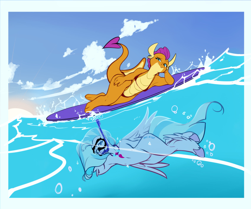 anthro arm_support avian bikini clothing cloud dragon duo european_mythology female friendship_is_magic greek_mythology hand_on_hip hi_res hippogriff leaning_on_elbow lying my_little_pony mythological_avian mythology on_side one-night silverstream_(mlp) sky smolder_(mlp) spade_tail surfboard swimwear underwater vehicle water watercraft wide_hips