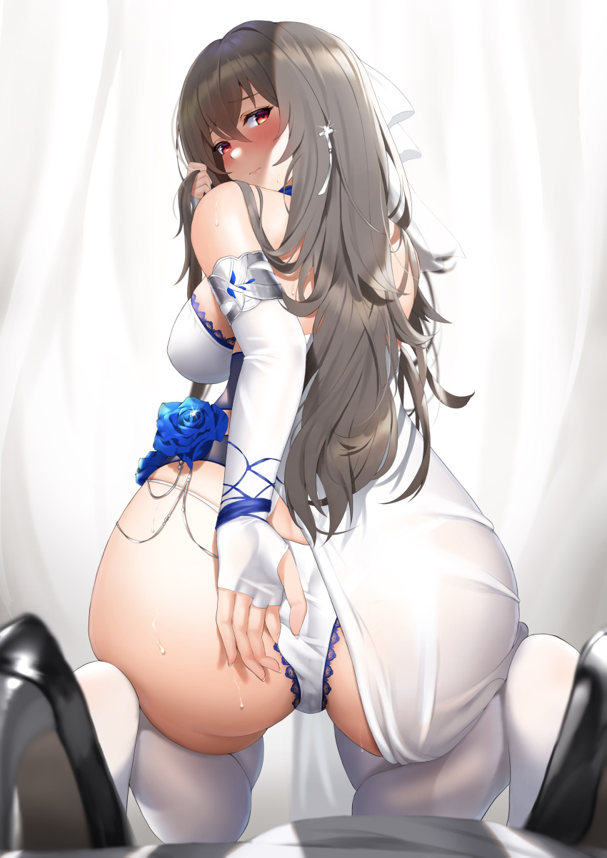1girl absurdres ass ass_focus azur_lane bangs bare_shoulders black_footwear blue_flower blush breasts brown_hair curtains dress elbow_gloves eyebrows_visible_through_hair fingerless_gloves flower from_behind futon_fly_away gauntlets gloves hair_between_eyes hair_ornament hair_scarf high_heels highres huge_ass lace-trimmed_panties lace_trim large_breasts long_hair looking_at_viewer looking_back official_alternate_costume panties parted_lips red_eyes saint-louis_(azur_lane) saint-louis_(holy_knight's_resplendence)_(azur_lane) scarf see-through seiza sitting solo sweat thighhighs thong underwear white_curtains white_dress white_gloves white_legwear white_panties white_scarf