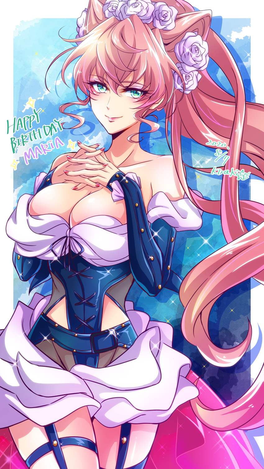 1girl absurdres birthday blue_eyes breasts character_name cleavage dated dress garter_straps happy_birthday highres kiraki large_breasts lips long_hair looking_at_viewer maria_cadenzavna_eve pink_hair ponytail senki_zesshou_symphogear shiny shiny_hair shiny_skin smile solo standing thighhighs very_long_hair