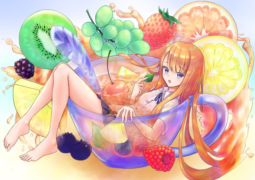 1girl barefoot bird blackberry_(fruit) blue_eyes blueberry cherry cup drinking_glass feet food fruit grapes highres in_container in_cup kiwi lemon long_hair mint orange orange_hair original pineapple_slice raspberry rgrey00 school_uniform shirt skirt strawberry wet wet_clothes wet_shirt wet_skirt