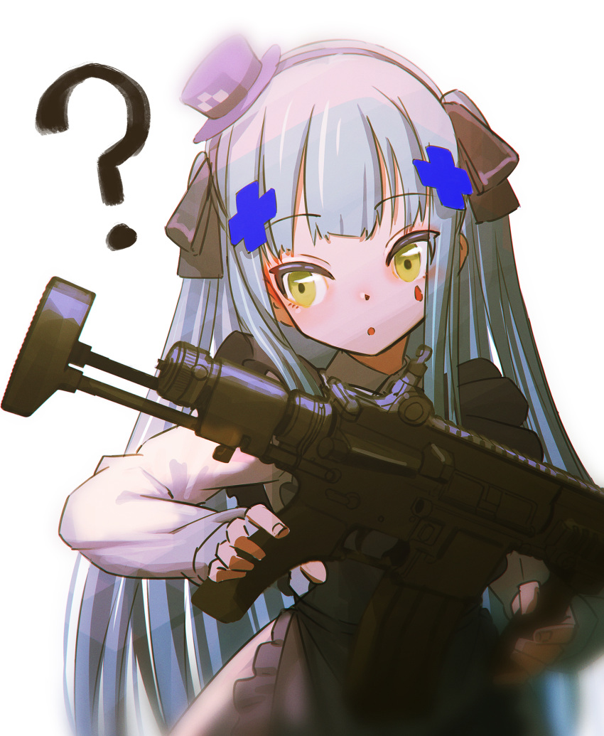 1girl ? assault_rifle bangs commentary_request expressionless eyebrows_visible_through_hair facial_mark girls_frontline green_eyes gun hair_ornament hat highres hironii_(hirofactory) hk416_(girls_frontline) holding holding_weapon long_hair long_sleeves open_mouth rifle silver_hair solo weapon younger