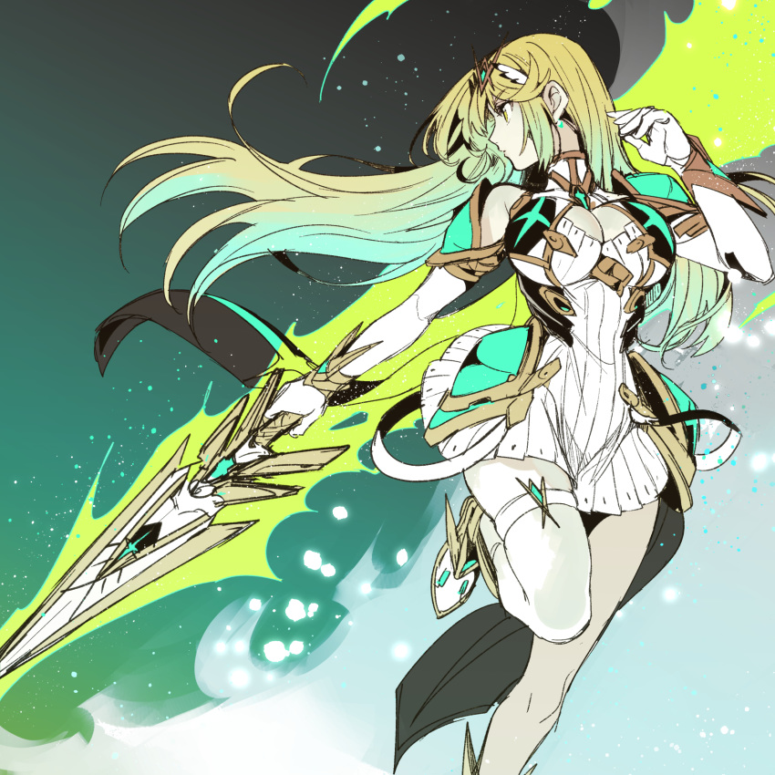 1girl bangs bare_shoulders blonde_hair breasts cleavage commentary_request dress expressionless eyebrows_visible_through_hair gem gloves highres hikari_(xenoblade_2) holding holding_sword holding_weapon jewelry large_breasts long_hair pwpwap solo standing standing_on_one_leg sword tiara weapon white_dress white_footwear white_gloves xenoblade_(series) xenoblade_2 yellow_eyes