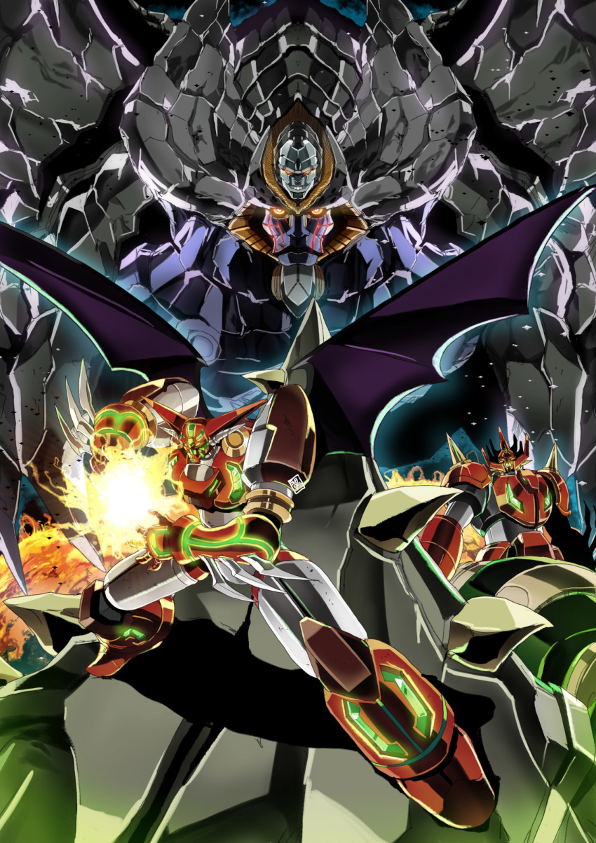 2boys cowen energy_ball garimpeiro getter_dragon getter_robo glowing glowing_eyes highres looking_at_viewer looking_up mecha monster multiple_boys no_humans shin_getter-1 shin_getter_robo stinger_(shin_getter_robo) super_robot wings yellow_eyes