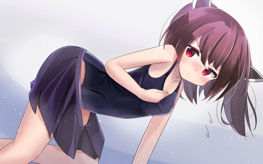 1girl all_fours bangs bare_arms bare_shoulders black_skirt black_swimsuit blush breasts brown_hair commentary_request eyebrows_visible_through_hair flying_sweatdrops hair_between_eyes hand_up headgear highres long_hair looking_at_viewer nose_blush old_school_swimsuit one-piece_swimsuit pleated_skirt red_eyes ryogo school_swimsuit skirt small_breasts solo swimsuit touhoku_kiritan two_side_up v-shaped_eyebrows voiceroid